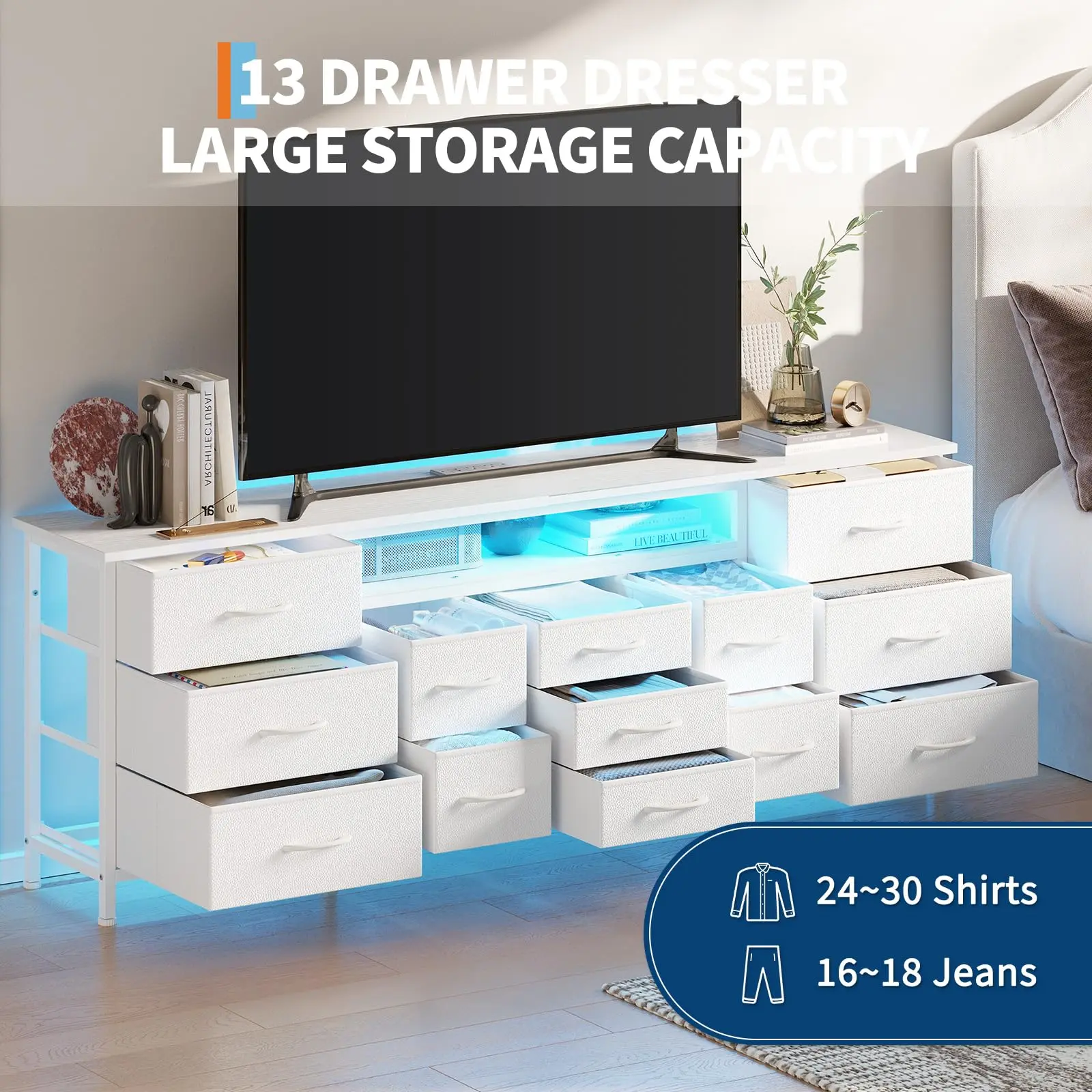 70 Inch Long Dresser with 13 Drawers, TV Stand for 65-80 Inch TV with Charging Station & LED Lights, Fabric Storage Organizer for Living Room, White - TikTok Shop 70 Inch Long Dresser with 13 Drawers, TV Stand for 65-80 Inch TV with Charging Station & LED Lights, Fabric Storage Organizer for Living Room, White - TikTok Shop