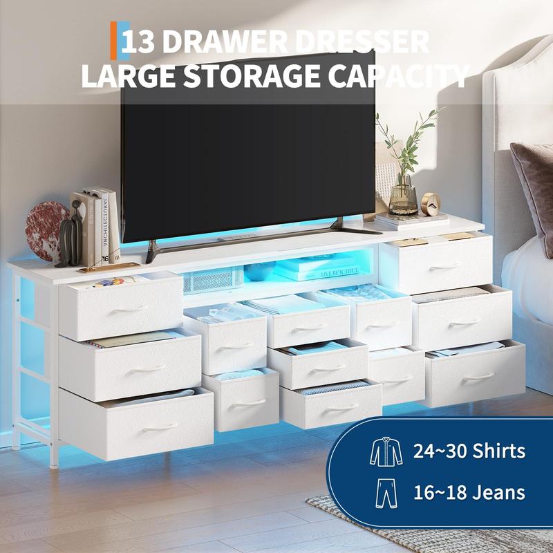 70 Inch Long Dresser with 13 Drawers, TV Stand for 65-80 Inch TV with Charging Station & LED Lights, Fabric Storage Organizer for Living Room, White