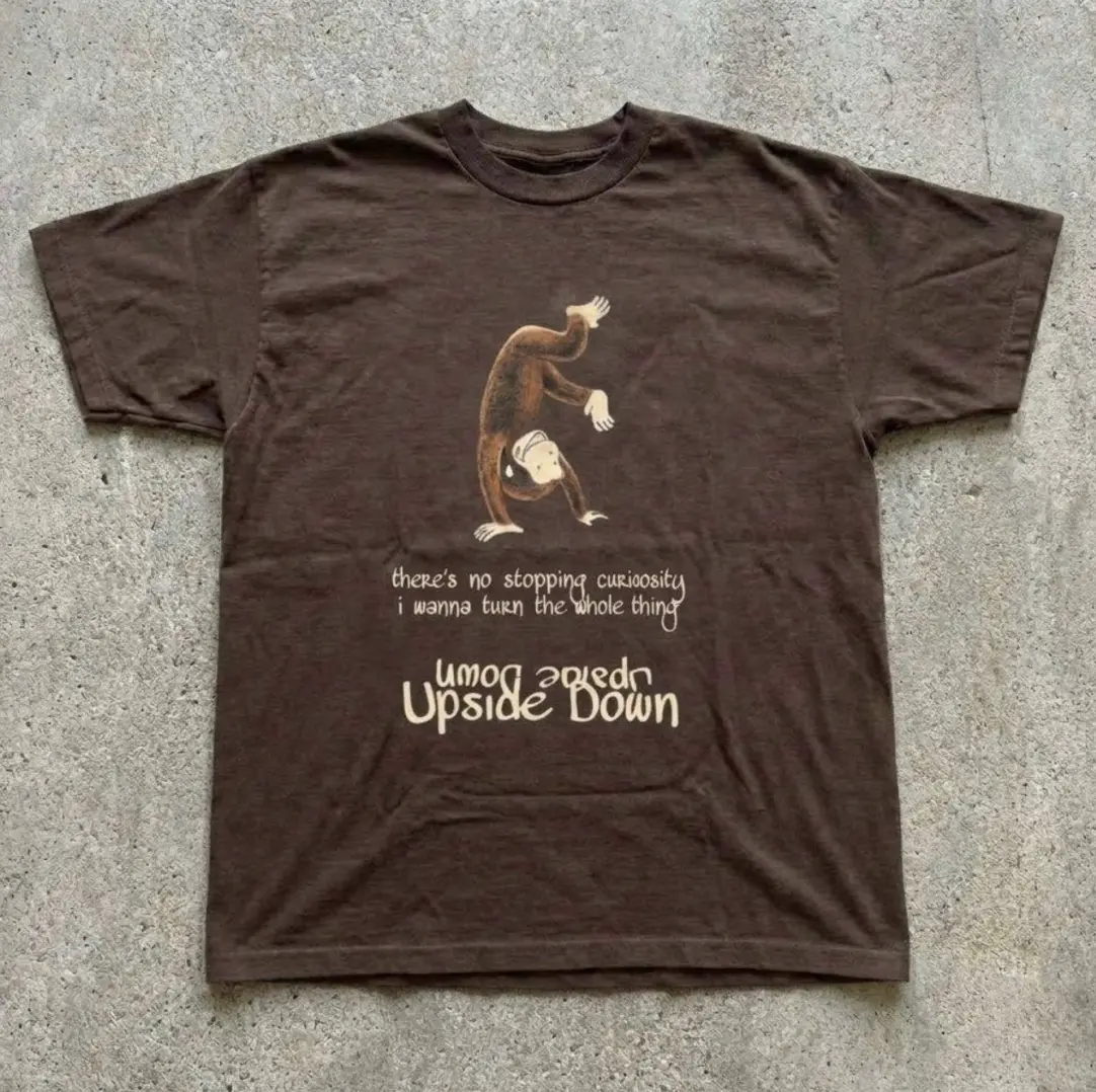 Curious George Upside Down T-Shirt, Animal Tee, Cartoon Tshirt, Gifts Shirt, Unisex Vintage Graphic Tees Gothic Grunge Y2k Emo Scene Amity Affliction Style Clothes Men Women Streetwear