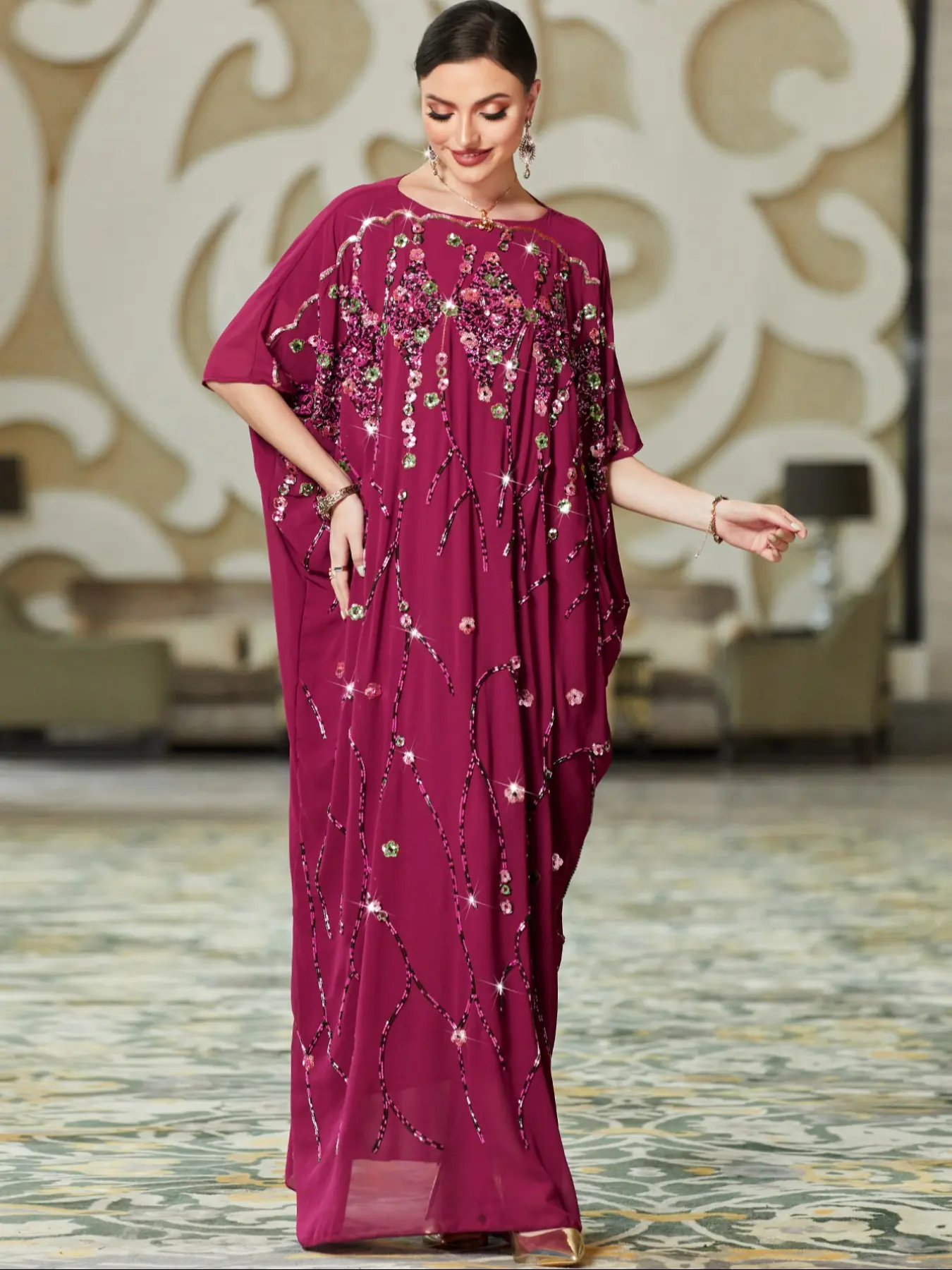 Elegant Floral Beaded Robe Dress Womenswear for Formal Evening Banquets & Gatherings, Available in Multiple Colors, Perfect for Special Occasions