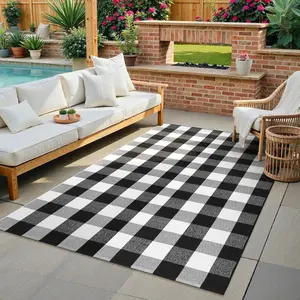 Buffalo Plaid Rug 4'x6'Black and White Checkered Rug Farmhouse Cotton Hand-Woven Patio Rug Indoor Outdoor Area Rug Washable Floor Carpet for Front Door Front Porch Living Room