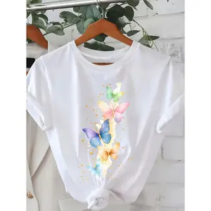 Women's Casual Short Sleeve T-Shirt with Vibrant Watercolor Butterfly & Golden Glitter Print, Relaxed Fit Round Neck Semi-Sheer Top, Machine Washable All-Season Comfort, Ladies T Shirts Crewneck Fabric