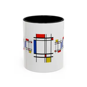 Modern Geometric Accent Coffee Mug – Mondrian-Inspired Red Blue Yellow Design (11/15oz)