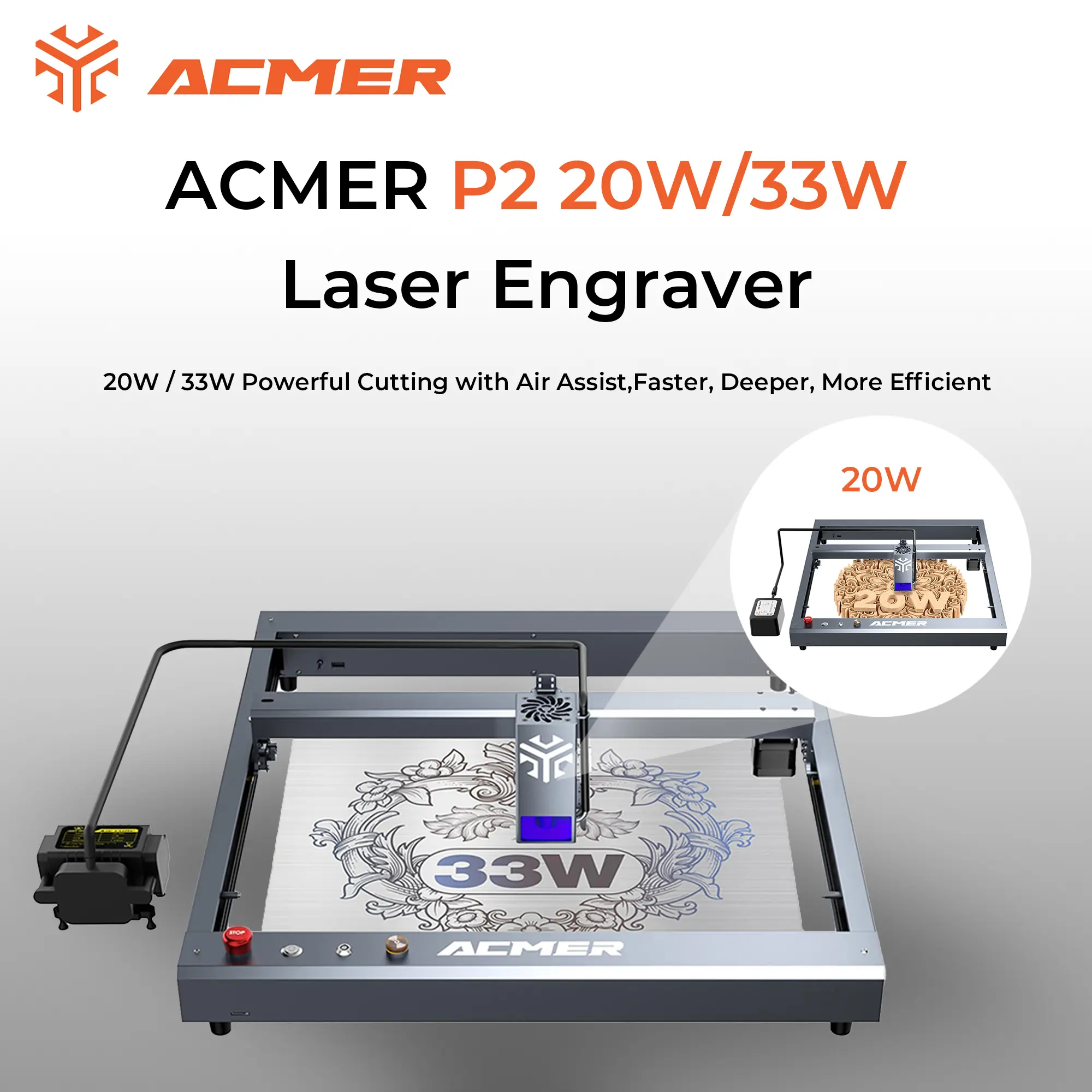 ACMER P2 20W/33W Laser Engraver & Cutter | High Speed DIY Machine | Air Assist Kit Included | APP & WiFi Control | Easy for Beginners