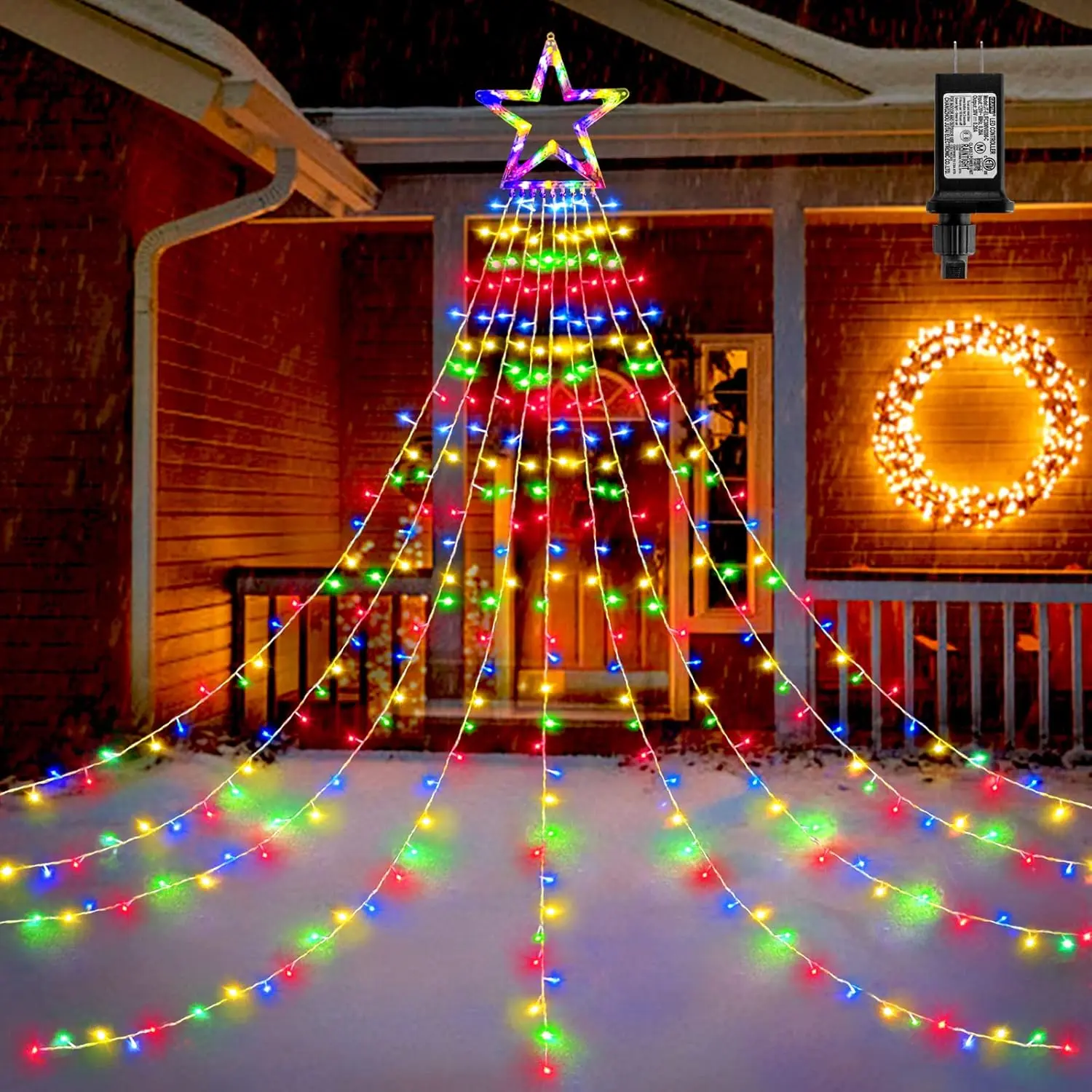Outdoor Christmas Decorations 317 LEDs Christmas Lights with 9 Strands 11.9ft Waterfall Christmas Tree Lights, 8 Modes, Waterproof, Topper Star & Timer for Yard Patio Xmas Décor, Multicolor