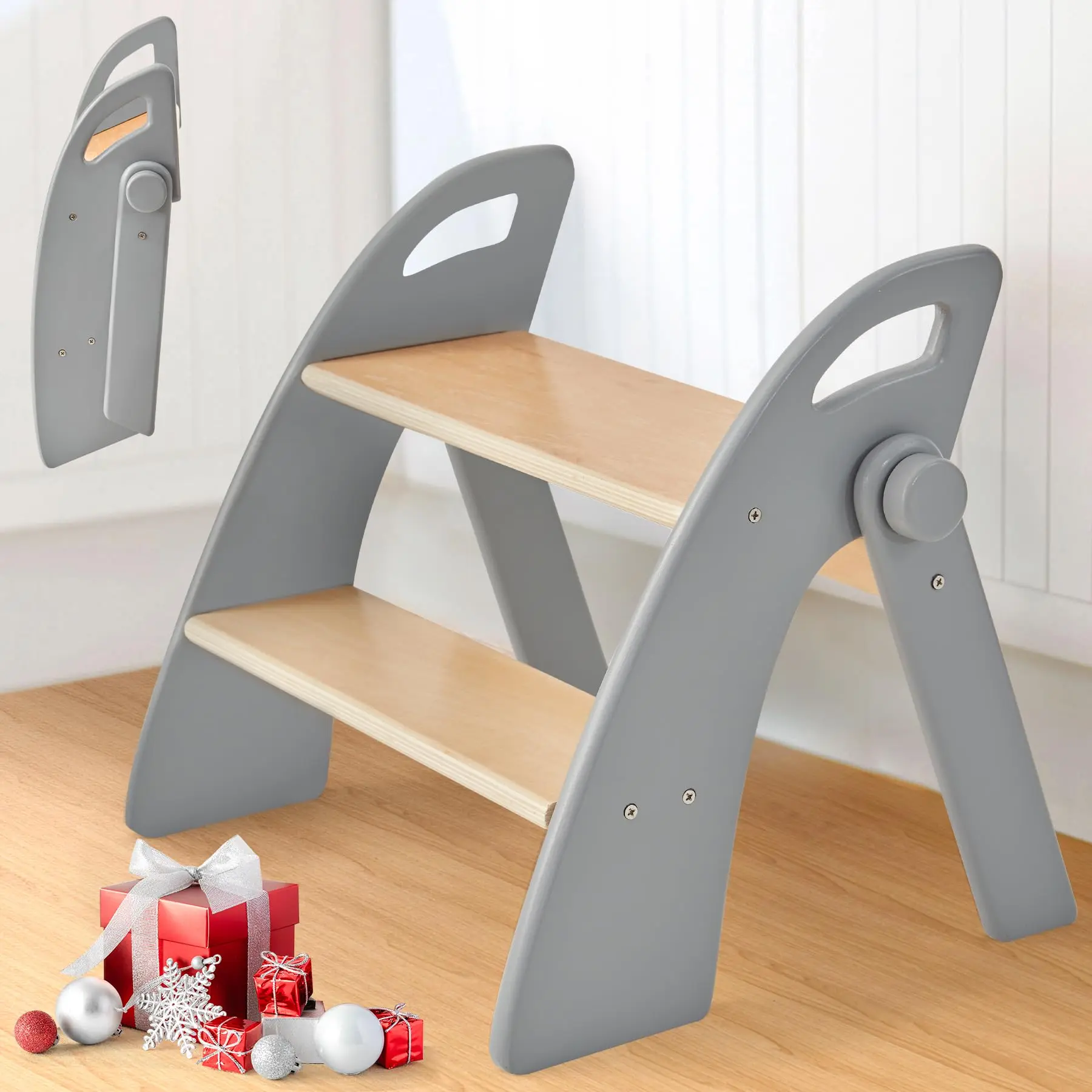 #Summerwins ， Bobike Wooden 2 Step Stool for Kids Bathroom Sink Foldable Anti-Slip 2-Step for Toilet Potty Training, Child Stepping Stool for Kitchen Nursery Bedroom, Sturdy Non Slip Adult Stool for Closet