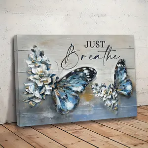 Wood frame canvas painting butterfly flower decoration vintage rustic wall art print for home decoration, living room and bedroom, holiday gift for her eid mubarak. 1 pcs