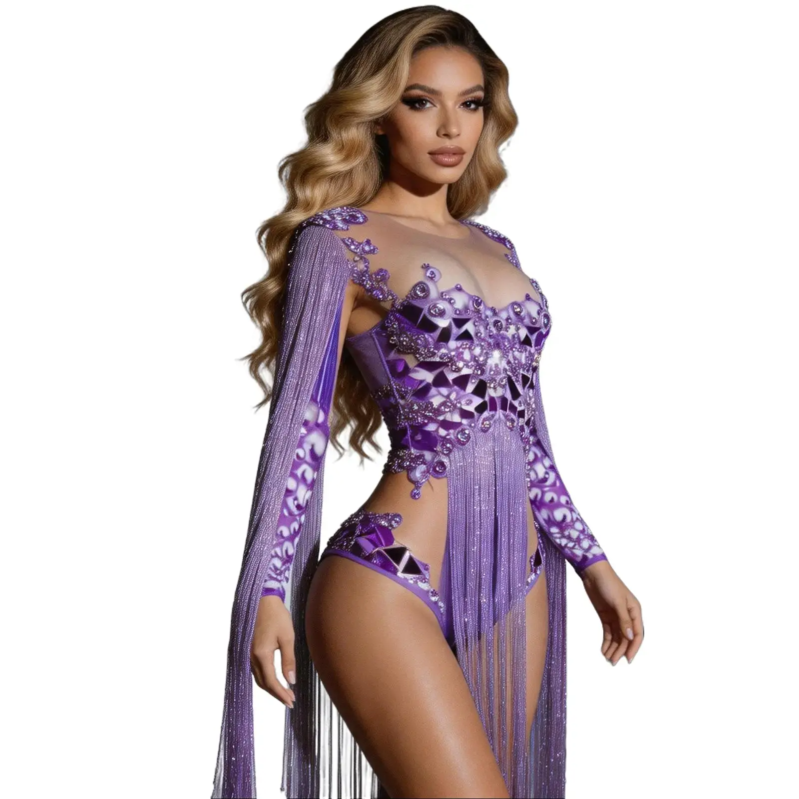 Women's Fitted Purple Rhinestone Mirror Fringe Long Sleeve Latin Dance Bodysuit Purple Sequin Bodysuits for Ballroom Stage Performances Singer Dance Wear