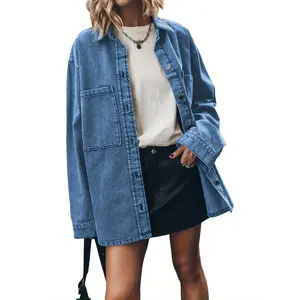 Womens Oversized Jean Jacket Casual Button Up Denim Plain Trendy Long Sleeve Denim Jacket Coat