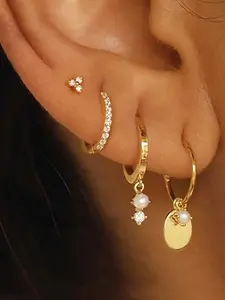 Stack Earrings For Women,Dainty 14K Gold Plated Pearl Hoop Huggie Earring Set Cute Chain Cartilage Earring Stack Trendy Hypoallergenic Long Drop Stud Earrings Jewelry