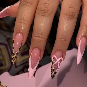 24 Pcs 3D Leopard Print Almond Shape Nails, French Tip with Butterfly & Gold Bead Decor, Glossy Gel Almond Fake Nails, Reusable for Parties & Daily Wear