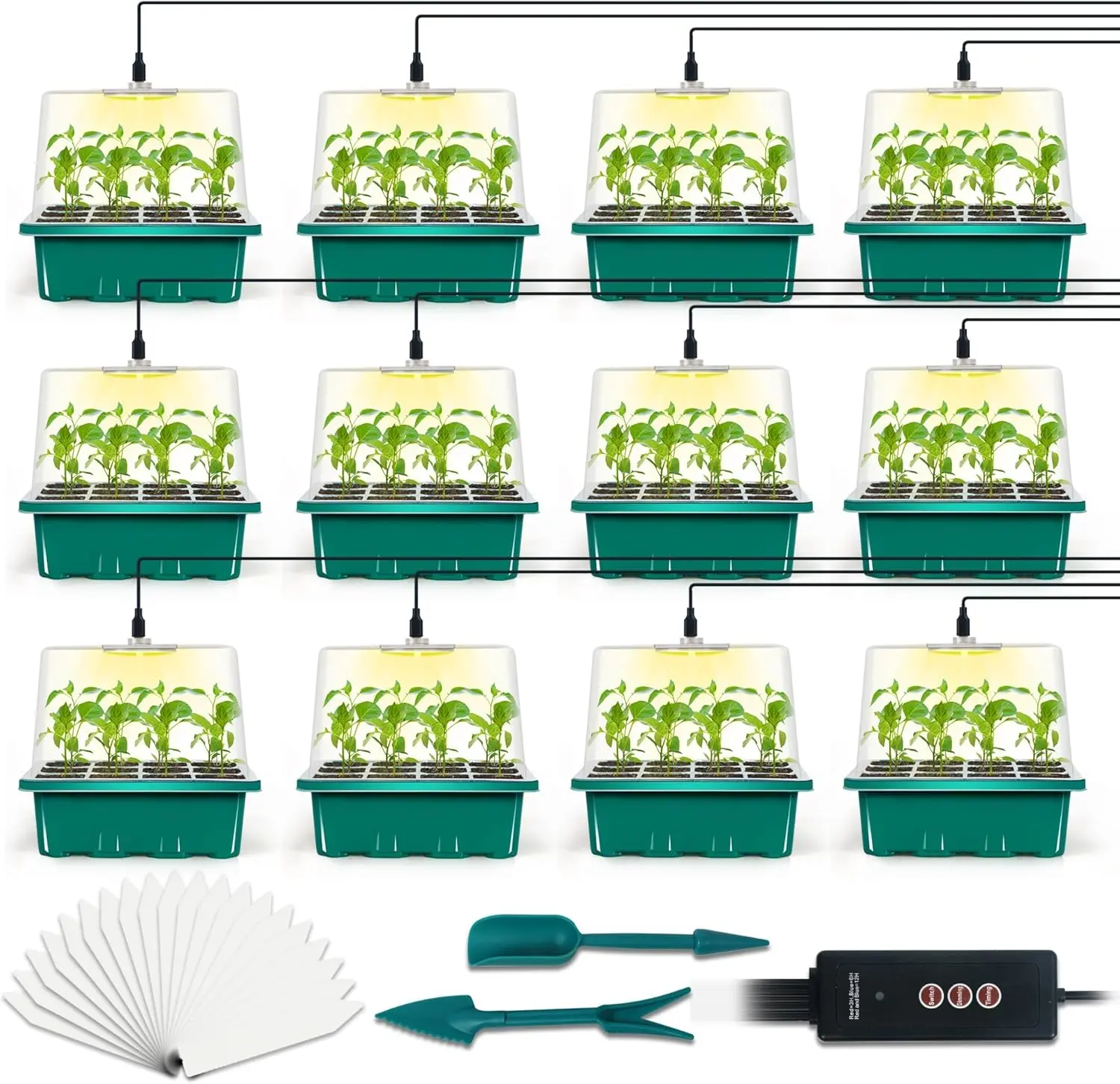 12-Set Seed Starter Tray with Grow Light, Seed Starting Trays Kits with Timing Controller Adjustable Humidity Domes Heightened (12-Cells Per Tray)