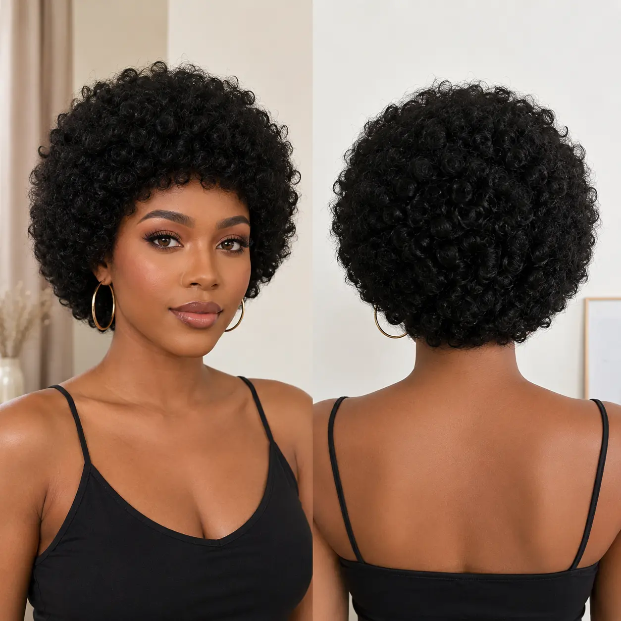 WENYAN Glueless Wear and Go Black Wig Human Hair Full Machine Wig, Short Coily Curly 70s Afro Puff Volumizing Soft Locs Toupee for Daily & Party Use, Coily Curly Wig