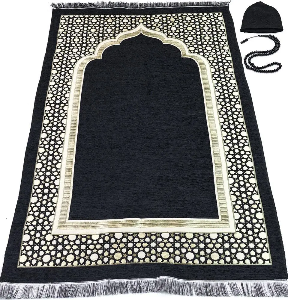 Chenille Embroidered Selcuk Star Islamic Prayer Mat - Black Chenille Embroidered Selcuk Star Islamic Prayer Mat - Black
