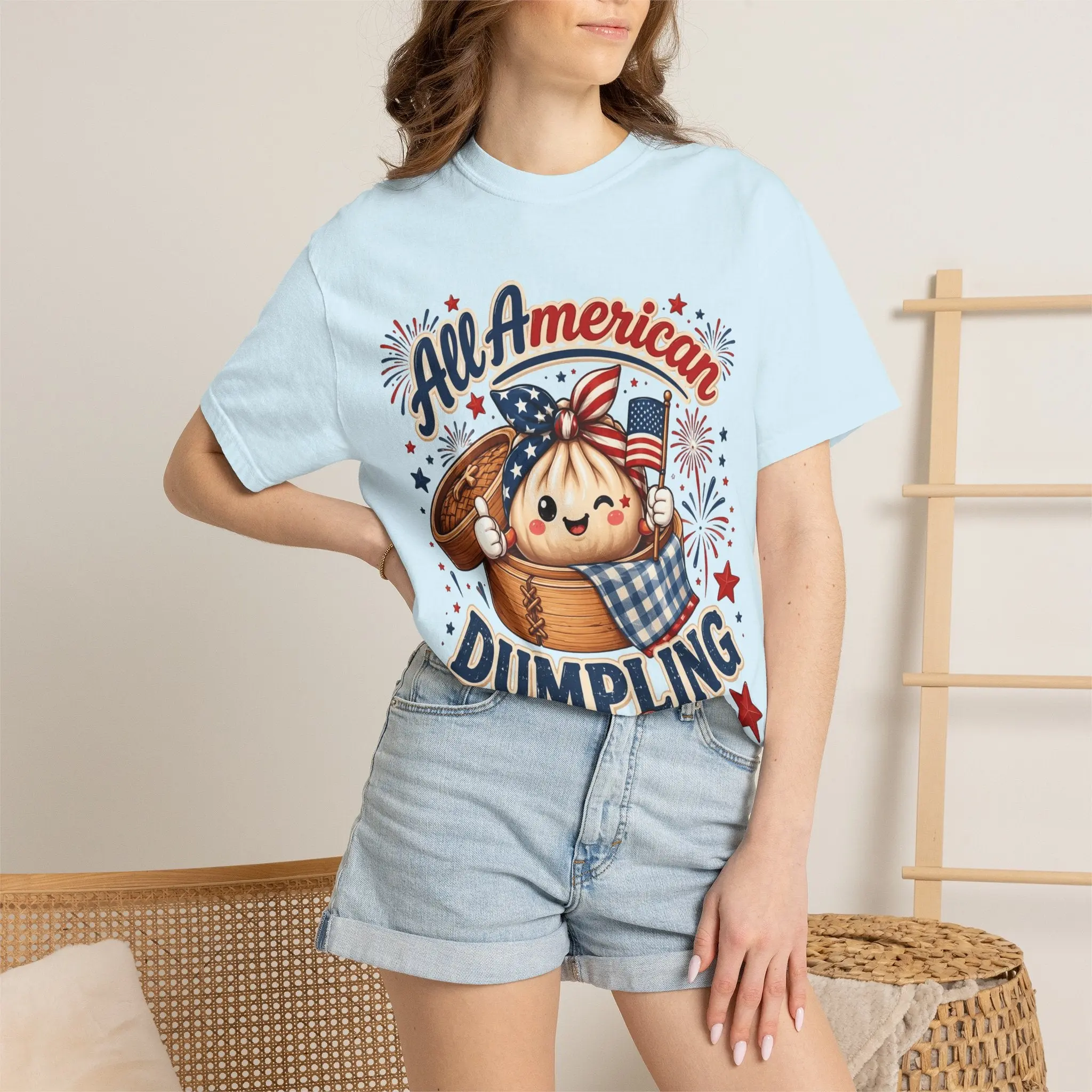 Women's Patriotic Dumpling Graphic Tee, Breathable Round Neck Short-Sleeve Shirt with a Vintage Vibe, Garment-Dyed Heavyweight Cotton, Comfortable, Fabric