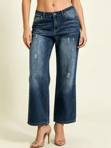 High Waisted Dark Wash Wide Leg Jeans | Baggy & Distressed Style women's jeans #highwaistedjeans #widelegjeans #tiktokmademebuyit #denimfashion Womenswear Bottom Pants