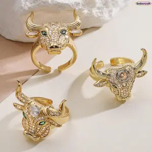 Women’s 18K Gold Plated Bull Head Zircon Ring – Y2K Hip Hop Jewelry, Light Luxury Statement Ring, Trendy Animal Head Design, Copper-Plated High-Gloss Finish, Sparkling Zircon Detail, for Streetwear & Gift Daily Wear, Rings