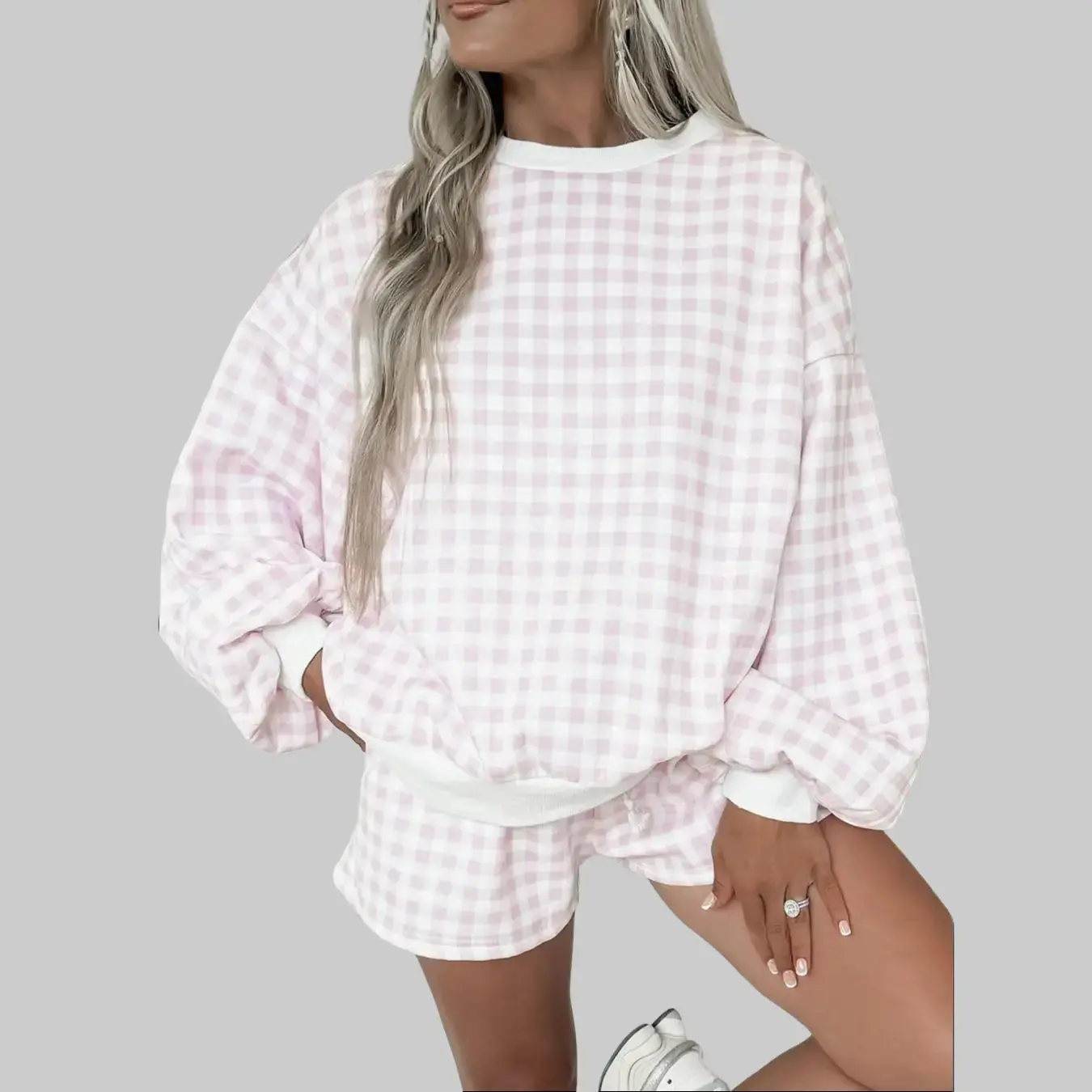 Women's Plus Size Lounge Set, Casual 2-Piece Gingham Plaid Outfit with Soft Long Sleeve Pullover and Drawstring Shorts, Elastic, Fabric, Sleeves, Longsleeves, Outfits, 2 Piece Sets, Women 2 Piece Sets