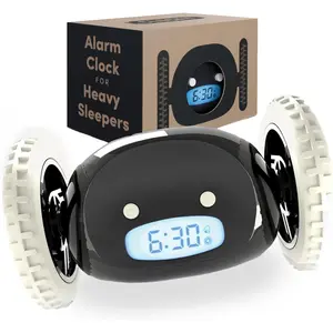 Alarm Clock on Wheels – Loud Rolling Alarm Clock for Heavy Sleepers, Runaway Clock that Jumps & Runs to Wake You Up, Funny Unique Gift for Adults, Teens & Kids Bedrooms (Black)