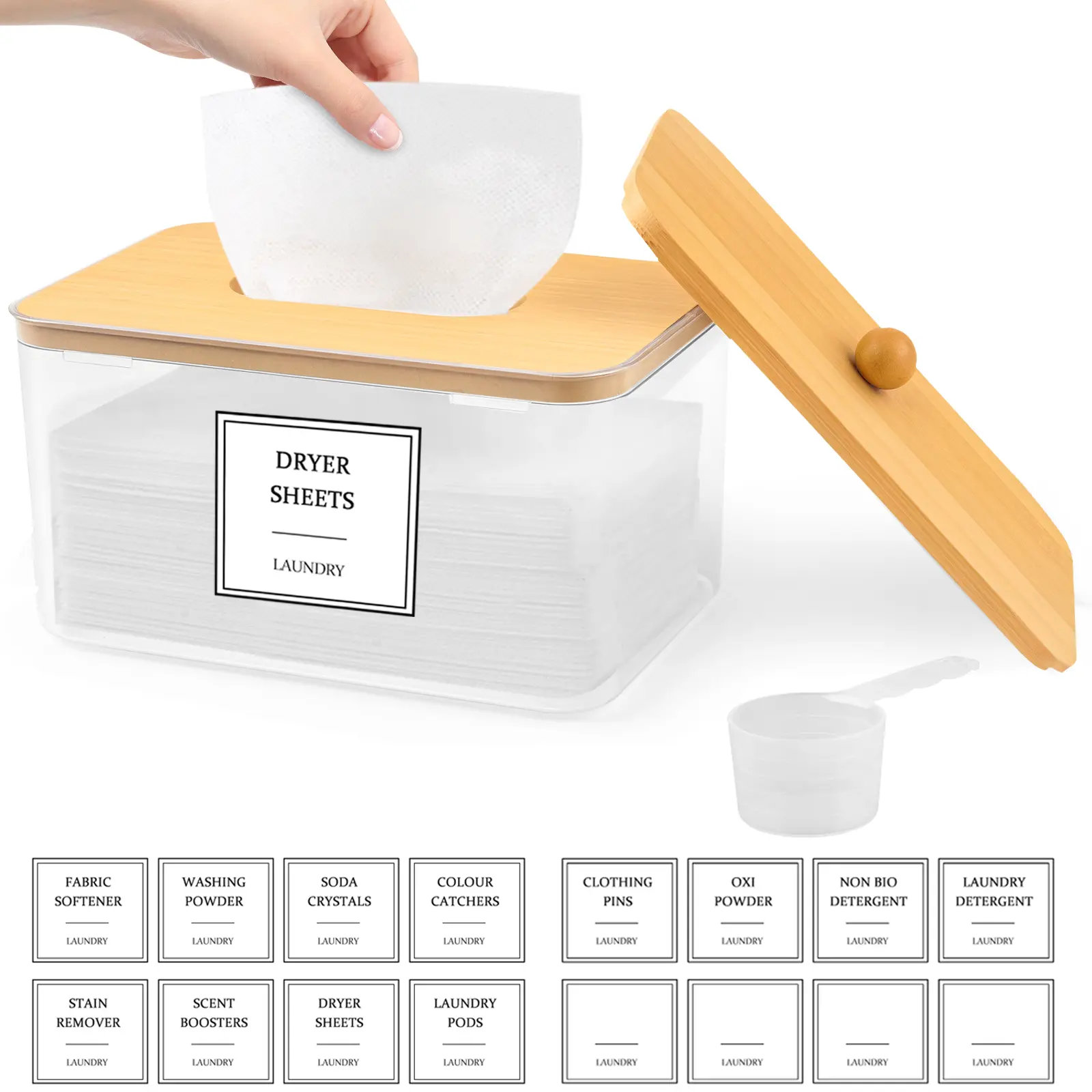 Dryer Sheet Holder Box, Clear Laundry Storage Container with Natural Wood Lid, Pull-Out Design, Refillable Organizer for Laundry Room