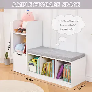 Kids Bookshelf with Reading Nook,Toddler Bookshelf,White Bookcase,Toy Storage Organizer with Seat Cushion,Kids Storage Bench,Living Room, Nursery,Entryway