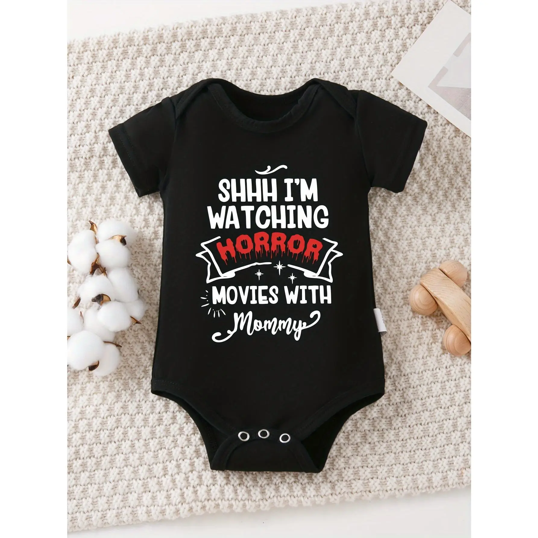 Children'S Onesie I'M Watching a Horror Movie with My Mom Letter Pattern Print Trendy Versatile Casual Round Neck Triangle Onesie, SHOWTLY, Perfect fo