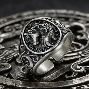 Men's vintage unicorn pattern ring, adjustable open ring, versatile vintage pattern accessory