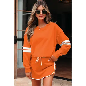 Orange Varsity Stripe Detail Drop Shoulder Pullover Mini Skort Set