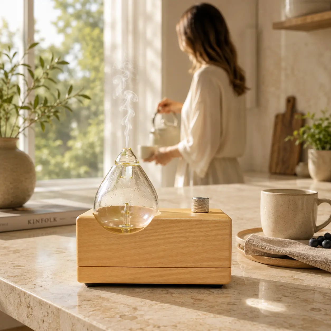 Waterless Nebulizing Aromatherapy Diffuser - Fragrance Machine for Pure Essential Oils, Solid Beech Wood & Glass Build, Cordless Rechargeable with Timer Modes, Natural Look for Home Users