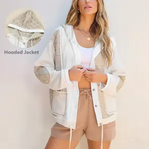 Asvivid Fall Clothes for Women Quilted Textured Waffle Patchwork Loose Fit Hooded Jacket Light-weight Hoodie Jackets with Pockets Winter Outfits