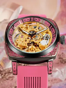 Women's Elegant Hollow Out Design Mechanical Style Watches, Fashion Round Dial Silicone Strap Watch for Party, Daily Decor, Trendy All-match & Exquisite Watch for Birthday Gift with Box