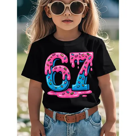 Girls' 100% Cotton Graphic Printed Tee - Short Sleeve Crew Neck, Pink & 67 Number Design, Loose Easy Fit, Medium Stretch, All-Seasons Casual Top for 3-4 Years (Casual Attire, Birthday Party Outfits)