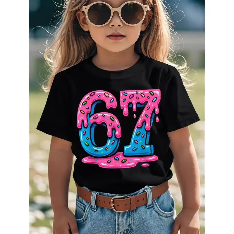 Girls' 100% Cotton Graphic Printed Tee - Short Sleeve Crew Neck, Pink & 67 Number Design, Loose Easy Fit, Medium Stretch, All-Seasons Casual Top for 3-4 Years (Casual Attire, Birthday Party Outfits)