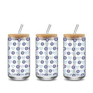 Evil Eye & Heart Print 16oz Glass Tumbler with Bamboo Lid, Reusable Protection Symbol Iced Coffee Cup BPA Free Travel Mug, Cute Boho Style Water Bottle for Women Girls, Ideal Birthday Holiday Gift, Drinking Tumbler