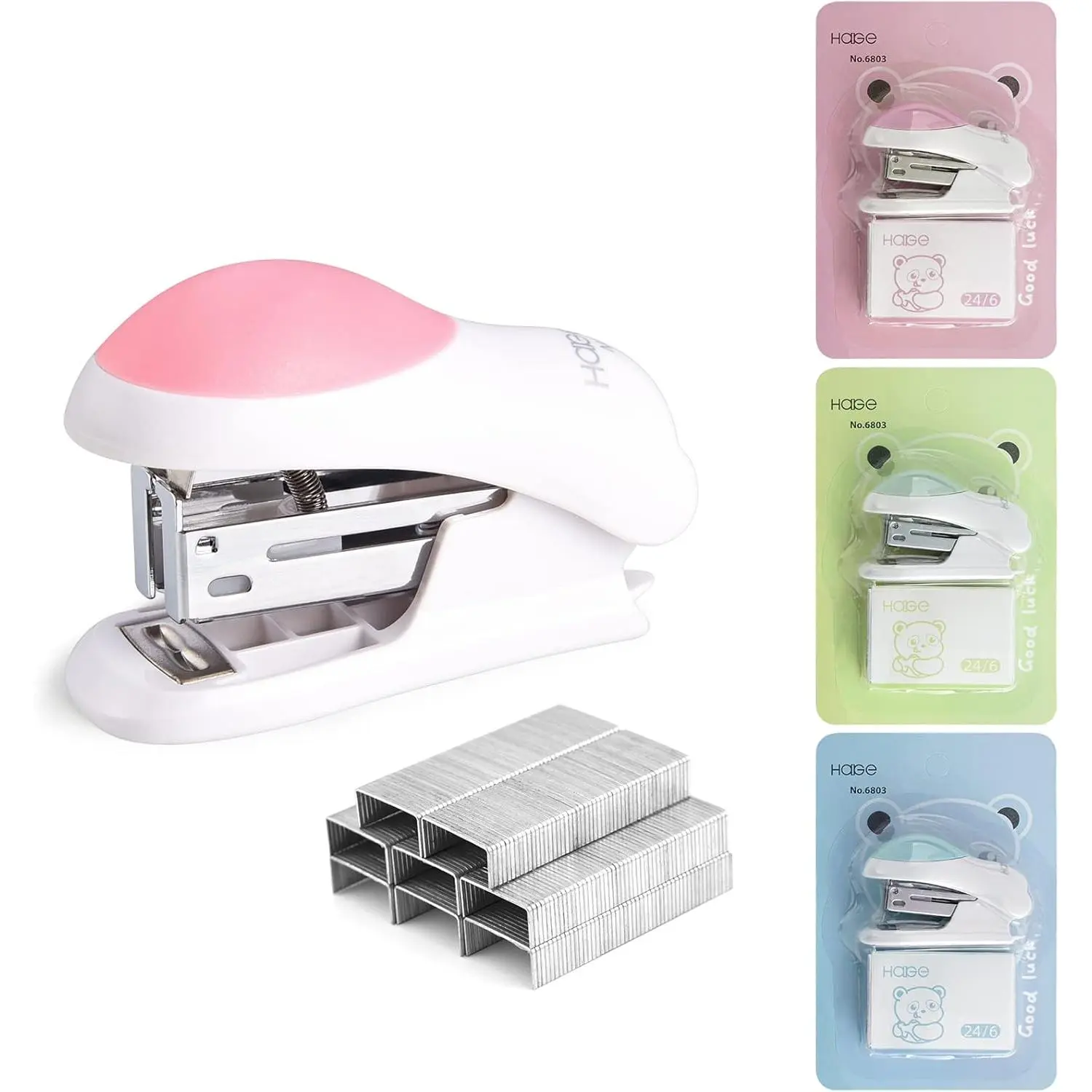 Mini Effortless Desktop Staplers with 400 Standard 26/6 Staples, 2-24 Sheet Capacity, Includes Built-in Staple Remover, Cute Stapler  for Student and Office Use, 3 Colors Options (Pink)