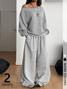 Women's 2-piece Oversized Loungewear Set, Off-shoulder Top & Versatile Drawstring Wide-leg Pants, Trendy Athleisure Style for Lazy Days & Street Looks, Soft Fabric with Drawstring Waist, Multi-occasion Casual Outfit, Womenswear