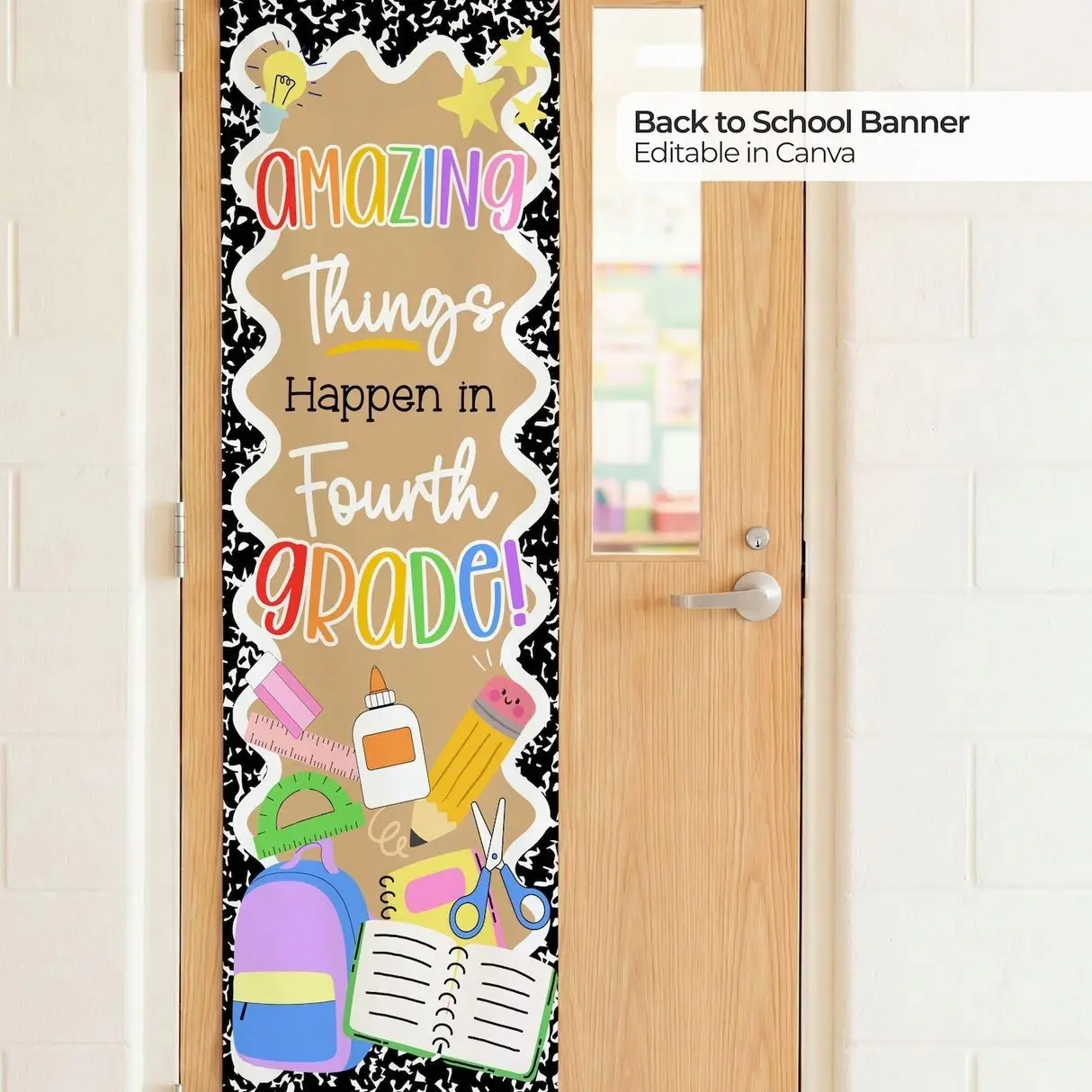 Back to School Classroom Door Banner, Amazing Things Happen Here, Composition Book, Rainbow Teacher Sign