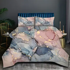 3-Piece Marble Print Bedding Set, Sky Blue Mix, Zipper Design, (1 Fitted Sheet + 1/2 Pillowcases)