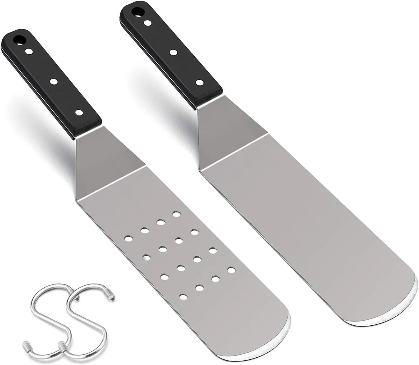 Metal Griddle Spatula, Stainless Steel Long With Riveted Handle, Heavy Duty Perforated & Solid Burger Turner for Teppanyaki BBQ Flat Top Grilling Cooking, Dishwasher Safe