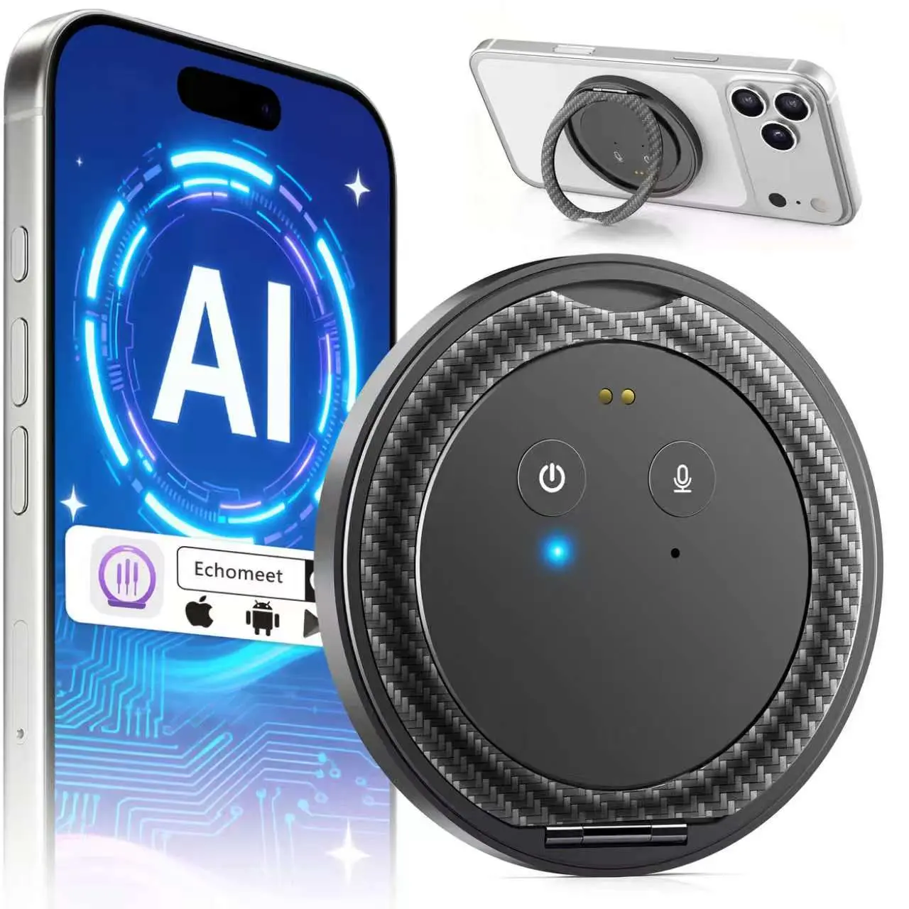 DOSUKE Compact Portable Magnetic AI Voice Recorder Phone Stand - 360° Rotate, 1TB Cloud Storage, 1-Button Control, Real-Time Transcription for 100+ Languages, Sync, Ideal for Meetings, Lectures, Android & iPhone, Recording, Ai Recognition