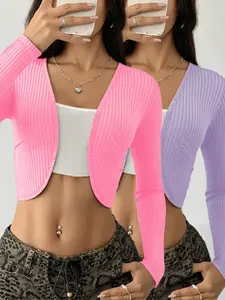 2-Pack V-Neck Short Knit Sweaters, Spring Fall Slim Fit Long Sleeve Cardigans, Casual Plain Pattern All Seasons T-Shirts