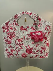 Trending Beaded Bags - Pink White Floral with Pink Bag Charm