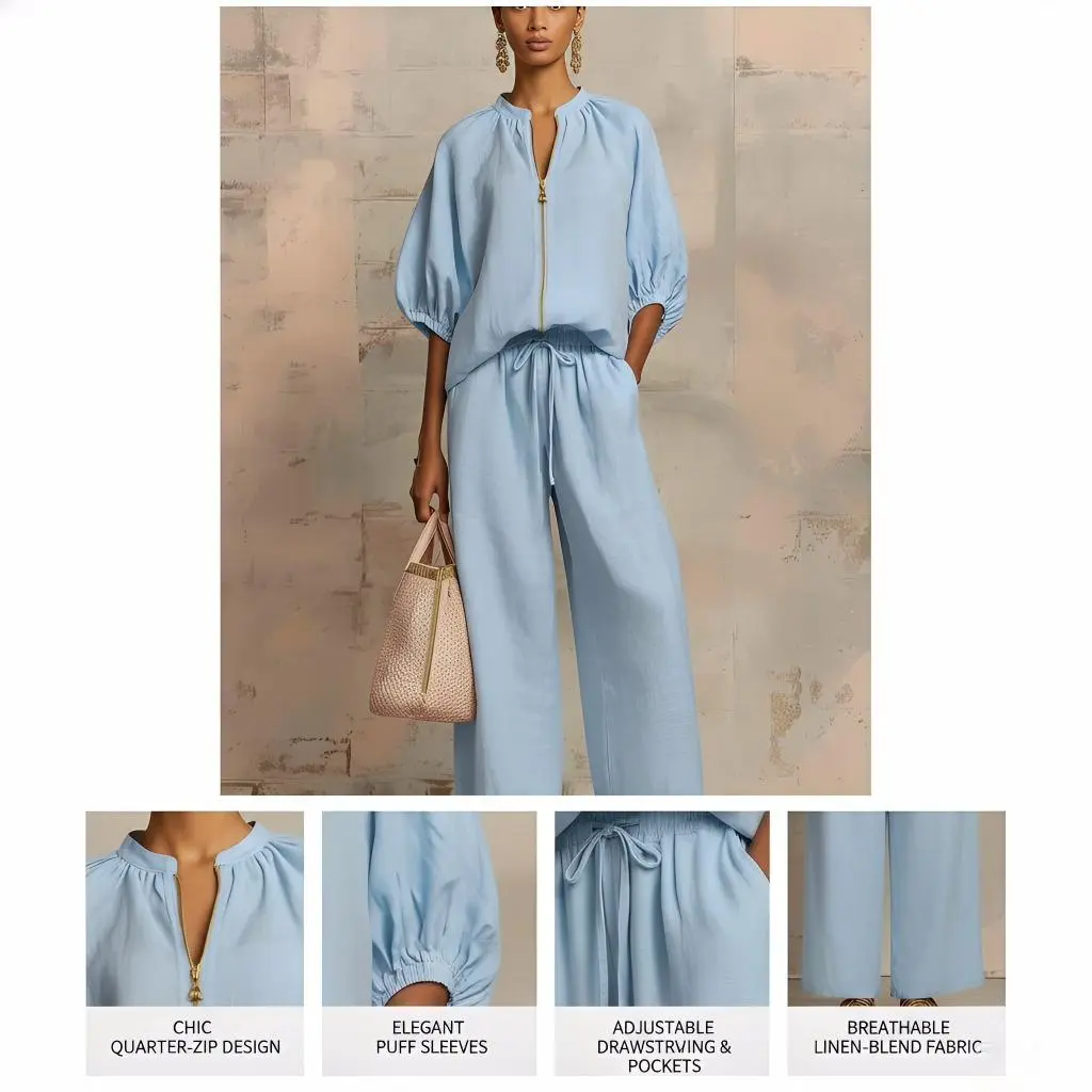 Versatile Ladies Lounge Set, 2-Piece Quarter Zip Pullover Wide Leg Pants Set - Relaxed Lightweight Soft Sweatsuit Casual Outfit - Polyester Spandex Blend Everyday Comfort Womenswear, Coord, Trendy, Versatile, Wear
