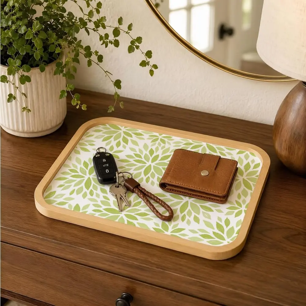Wooden Bathroom Vanity Tray | Decorative Perfume & Jewelry Organizer Tray | 10 x 7 Inch Rectangular Floral Catchall Tray for Coffee Table, Countertop & Home Decor