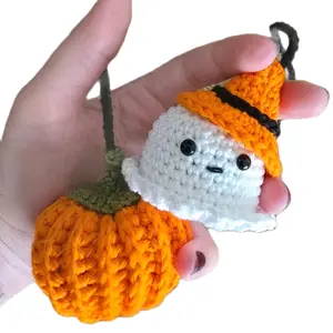 Amigurumi Crochet Handmade Cotton Fiber Rear View Mirror Charm - Ghost (3x3in, Smiley Face), Pumpkin (3x2x3in), 14in String, Halloween Fall Spooky Season Festive Decoration