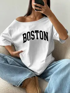 Women's "BOSTON" Letter Print Off Shoulder Tee, Casual Streetwear, Y2K Style Boston City Print Short Sleeve T-Shirt for Daily Wear, Ladies Clothes, Womenswear for All Seasons