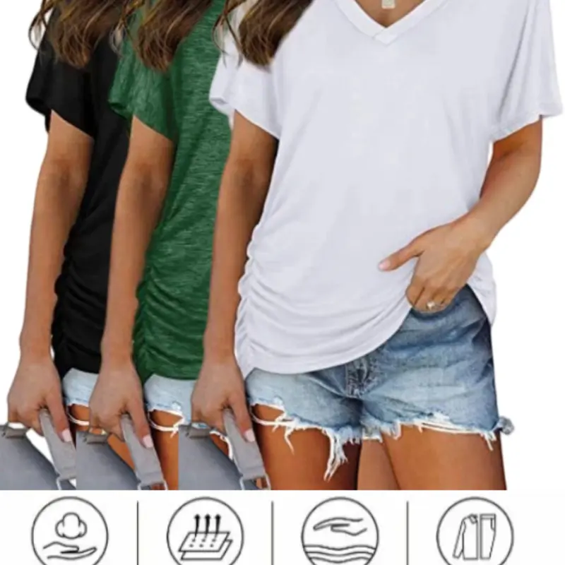 2026 Women's Casual Short Sleeve V-Neck Dolman Tops with Side Shirring, Loose Fit, Casual Comfy Tops
