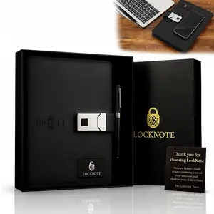 LockNote A5 Business Notebook with Lock - Leather Portfolio Organizer, Fingerprint ,   8000mAh Power , Binder with Zipper, Card Holder, Journal &  Box - Red/Black