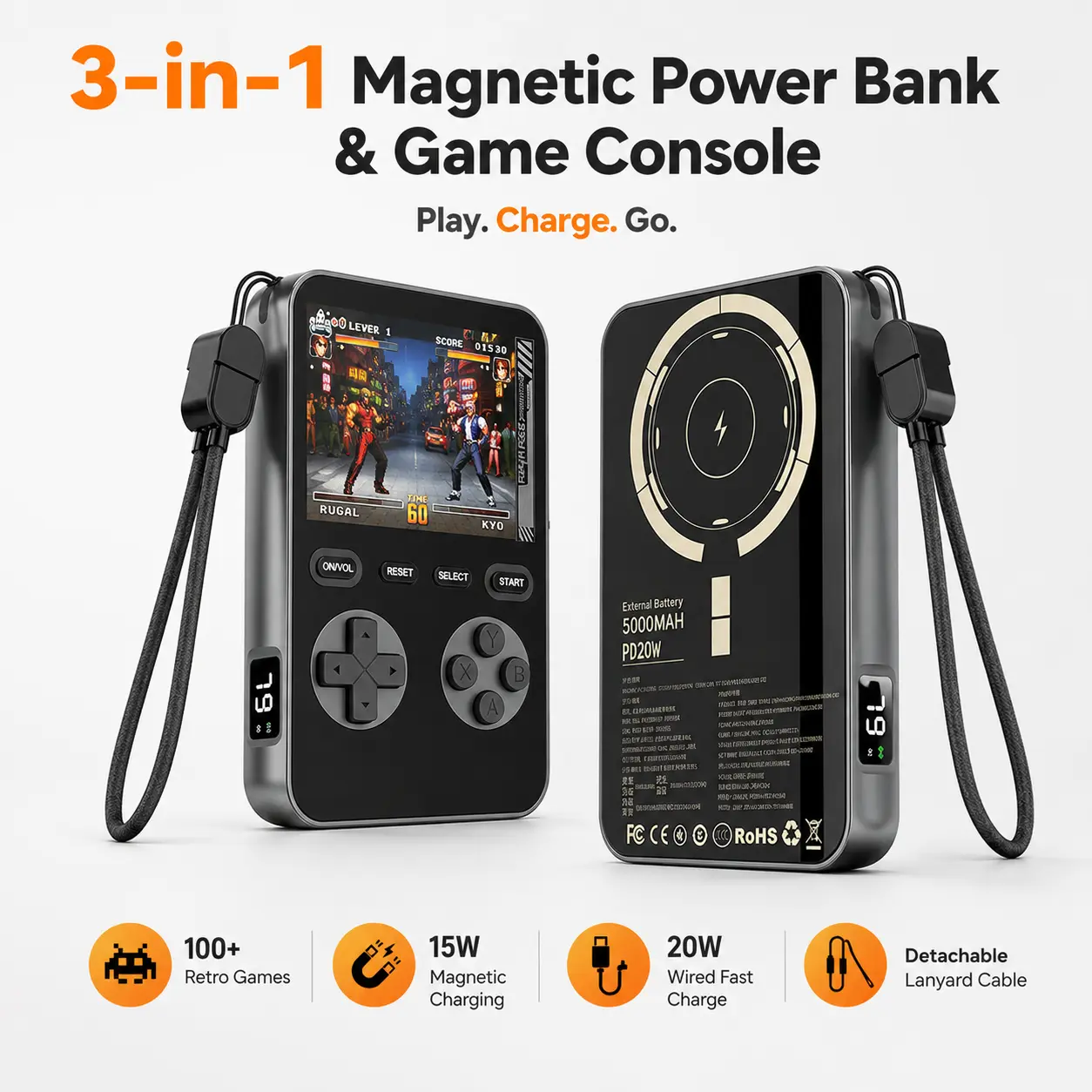Magnetic Wireless Power Bank with Retro Game Console, 15W MagSafe Portable Charger for iPhone 12-16, 1500+ Classic Games, Compact Travel Battery Pack, Birthday Gift for Gamers