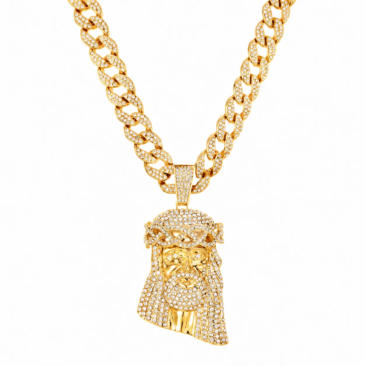 14K Gold-Plated Full Iced-Out Cuban Link Chain with Jesus Piece Pendant, Stylish Men’s Necklace from Graceful Faith & Daily Luxury, perfect for all occasions and everyday wear